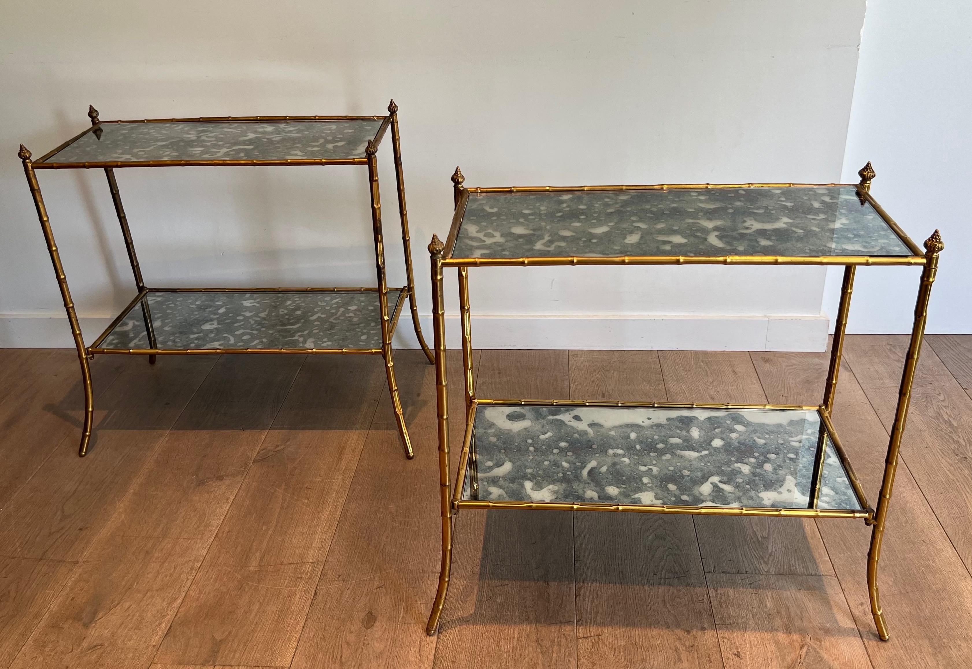 Mid-Century Modern Pair of Faux-Bamboo Side Tables with Oxydized Mirrors in the Style of Baguès For Sale