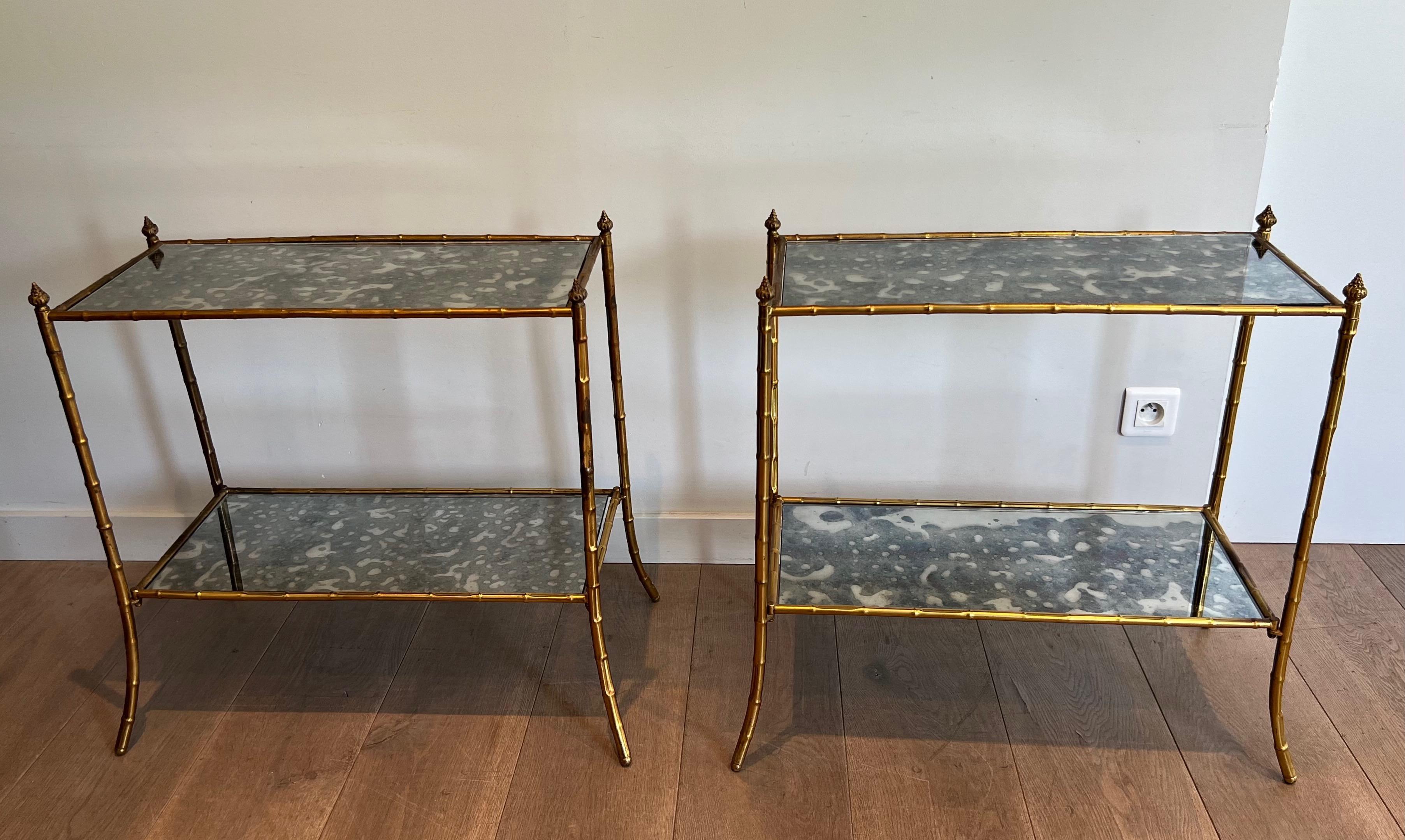 French Pair of Faux-Bamboo Side Tables with Oxydized Mirrors in the Style of Baguès For Sale