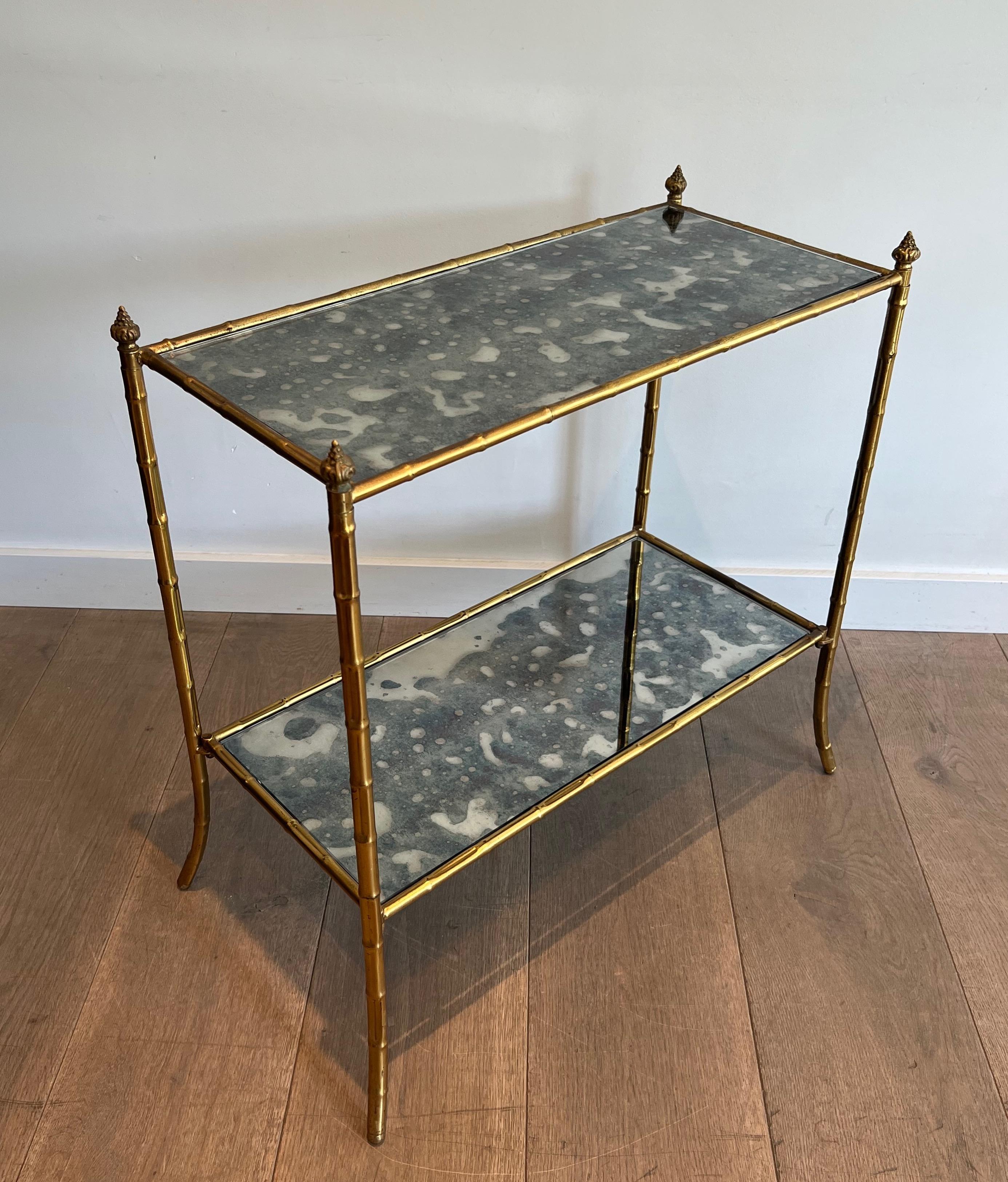 Gilt Pair of Faux-Bamboo Side Tables with Oxydized Mirrors in the Style of Baguès For Sale
