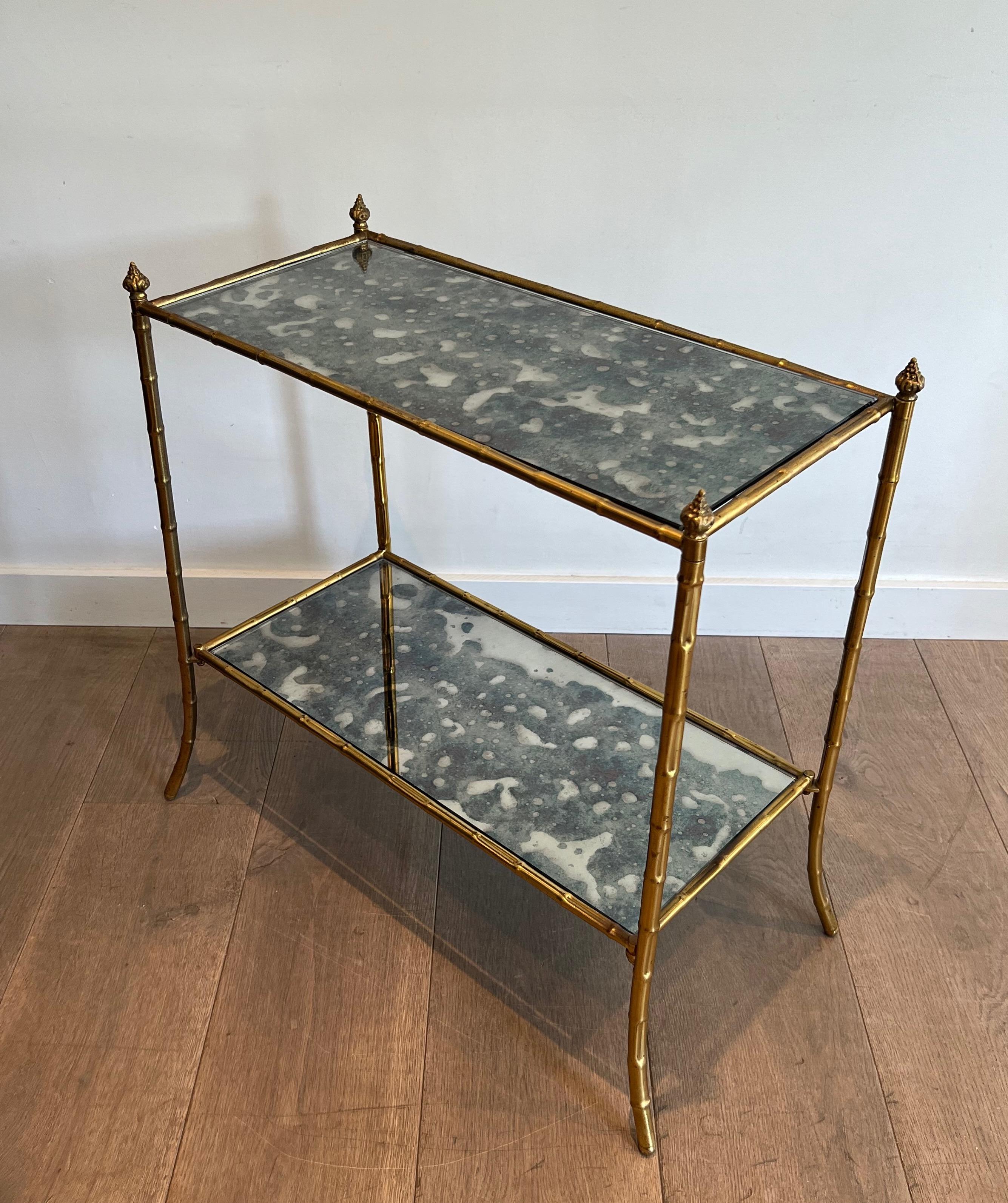 Metal Pair of Faux-Bamboo Side Tables with Oxydized Mirrors in the Style of Baguès For Sale