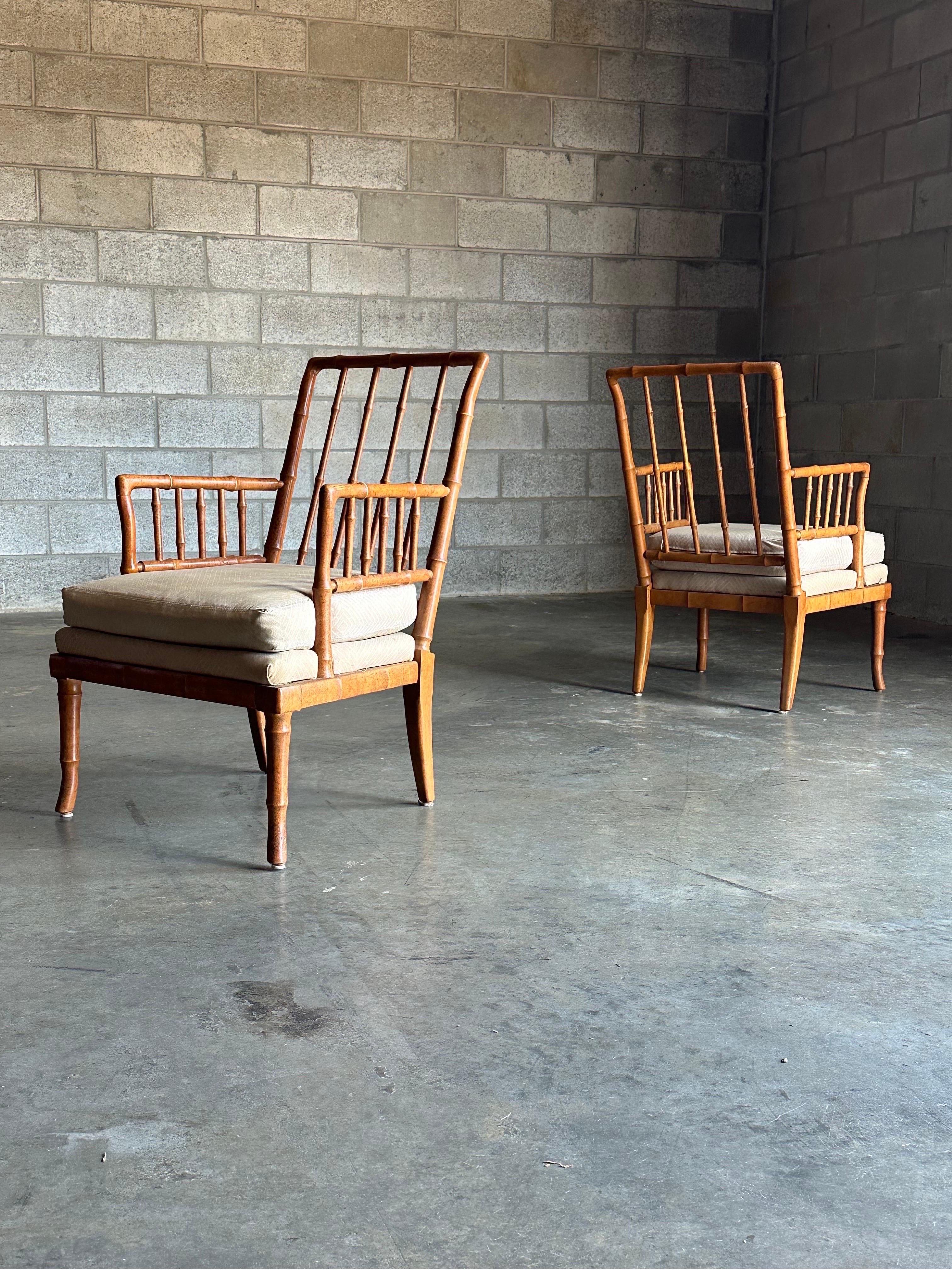 Hollywood Regency Pair of Faux Bamboo Spindle Armchairs