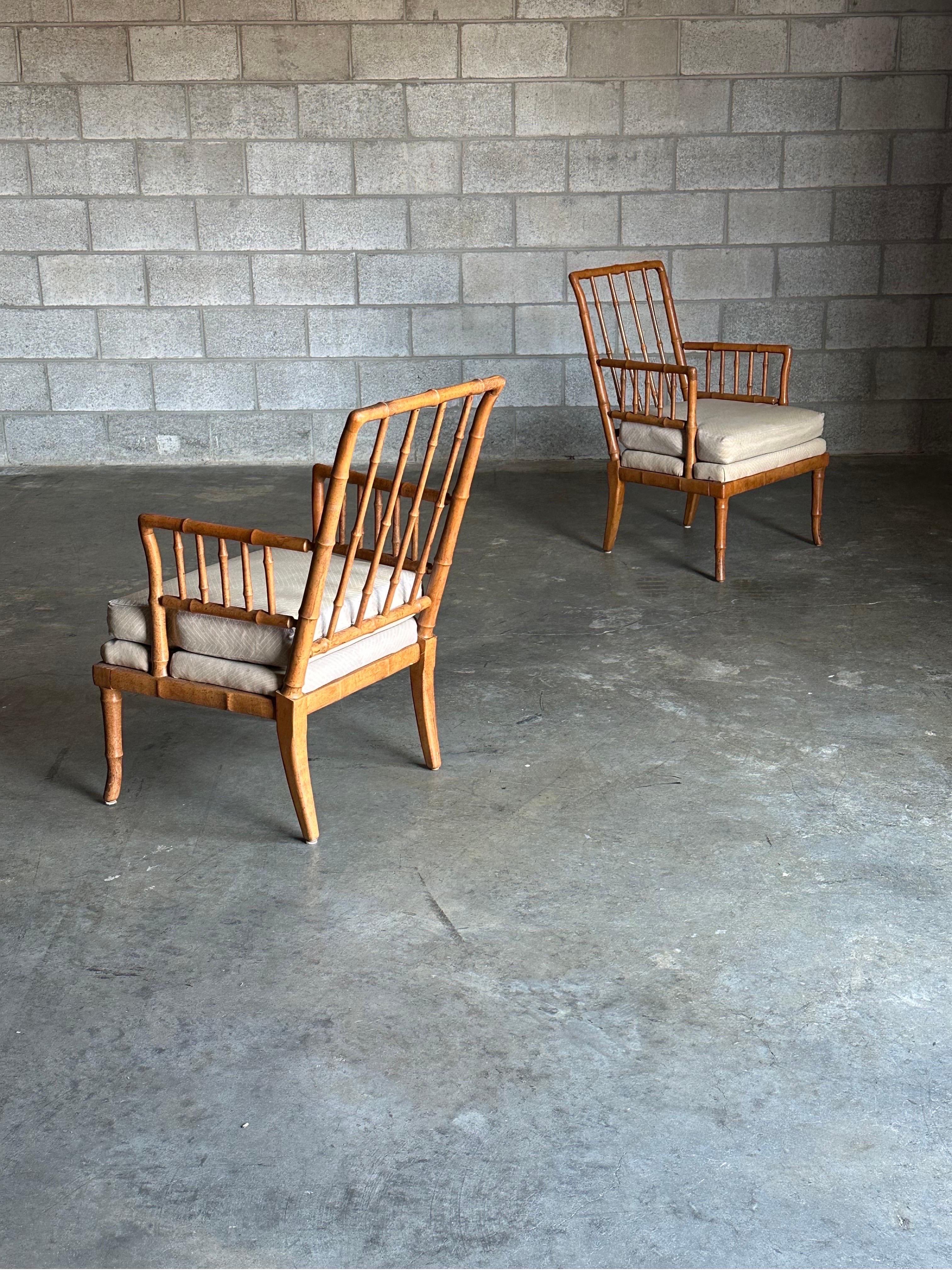 Late 20th Century Pair of Faux Bamboo Spindle Armchairs