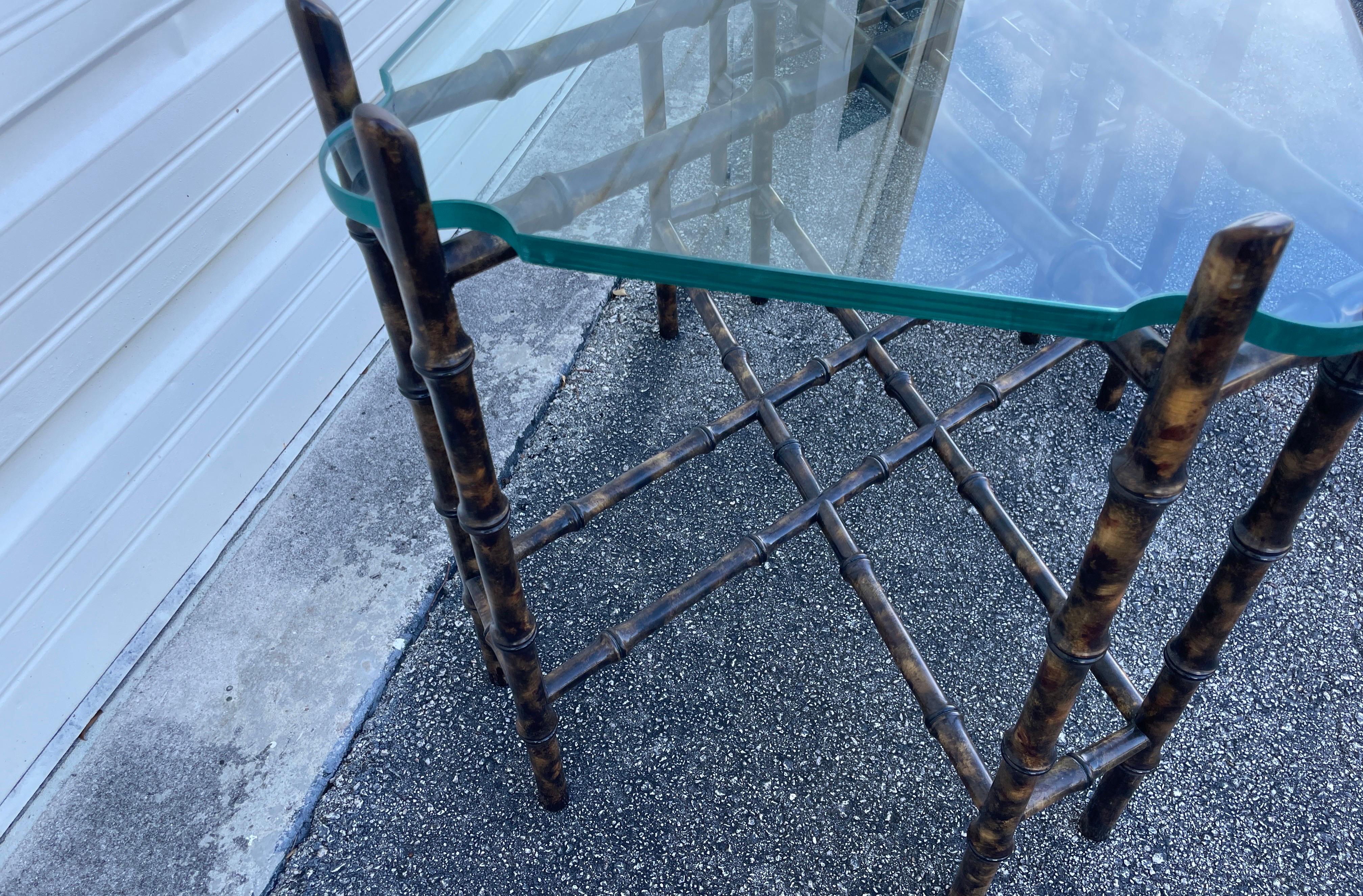 Pair of Faux Bamboo Tortoise Finish Side Tables with Glass Tops For Sale 2