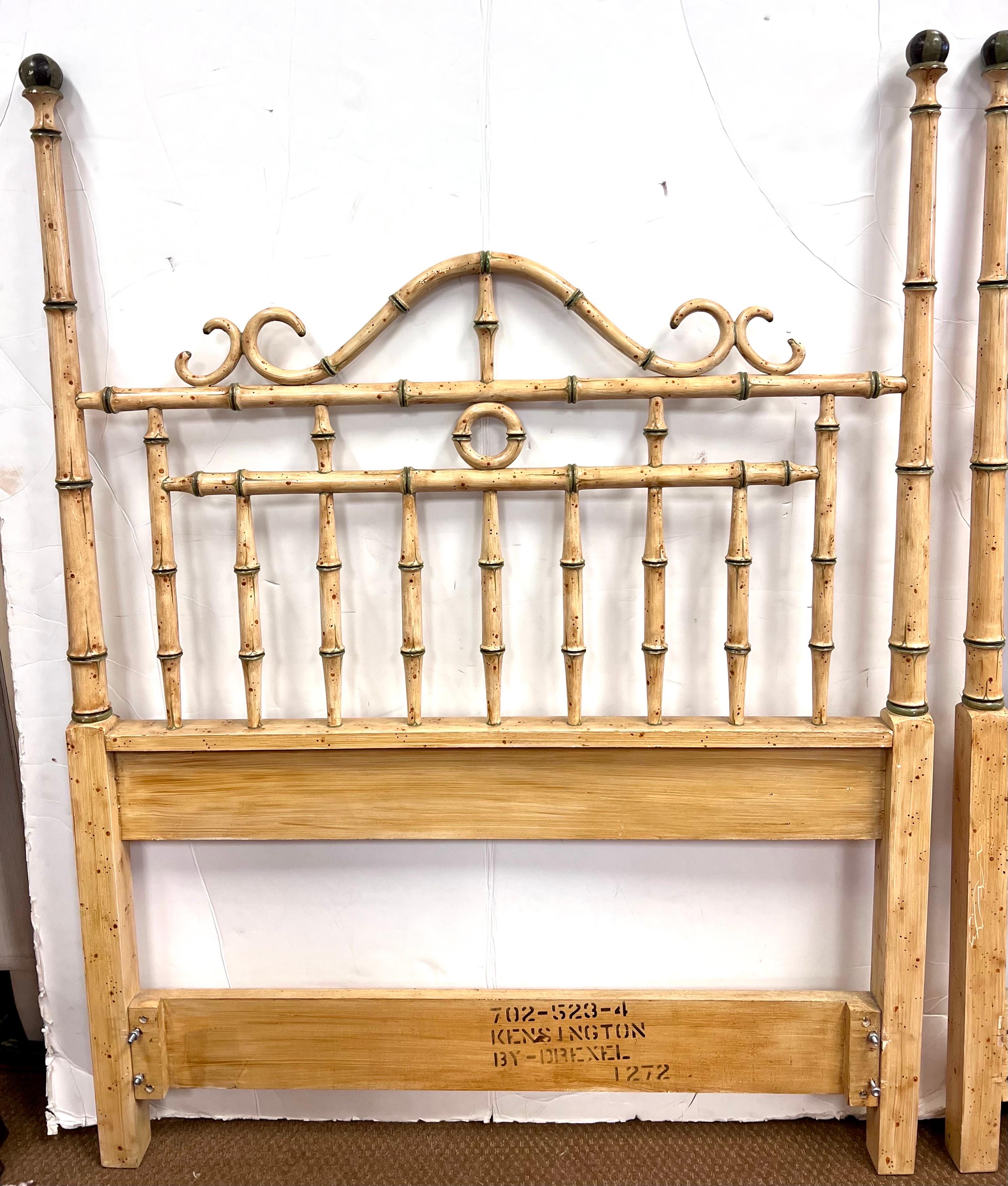 Faux bamboo headboards are beautifully carved from solid hardwood and have beautiful an aged cream finish with green accents. By Drexel.  Headboards as shown only.