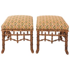 Pair of Faux Bamboo Upholstered Stools by Lewis Mittman