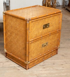 Pair of Faux Bamboo, Woven Rattan Two-Drawer Nightstands with Brass Details
