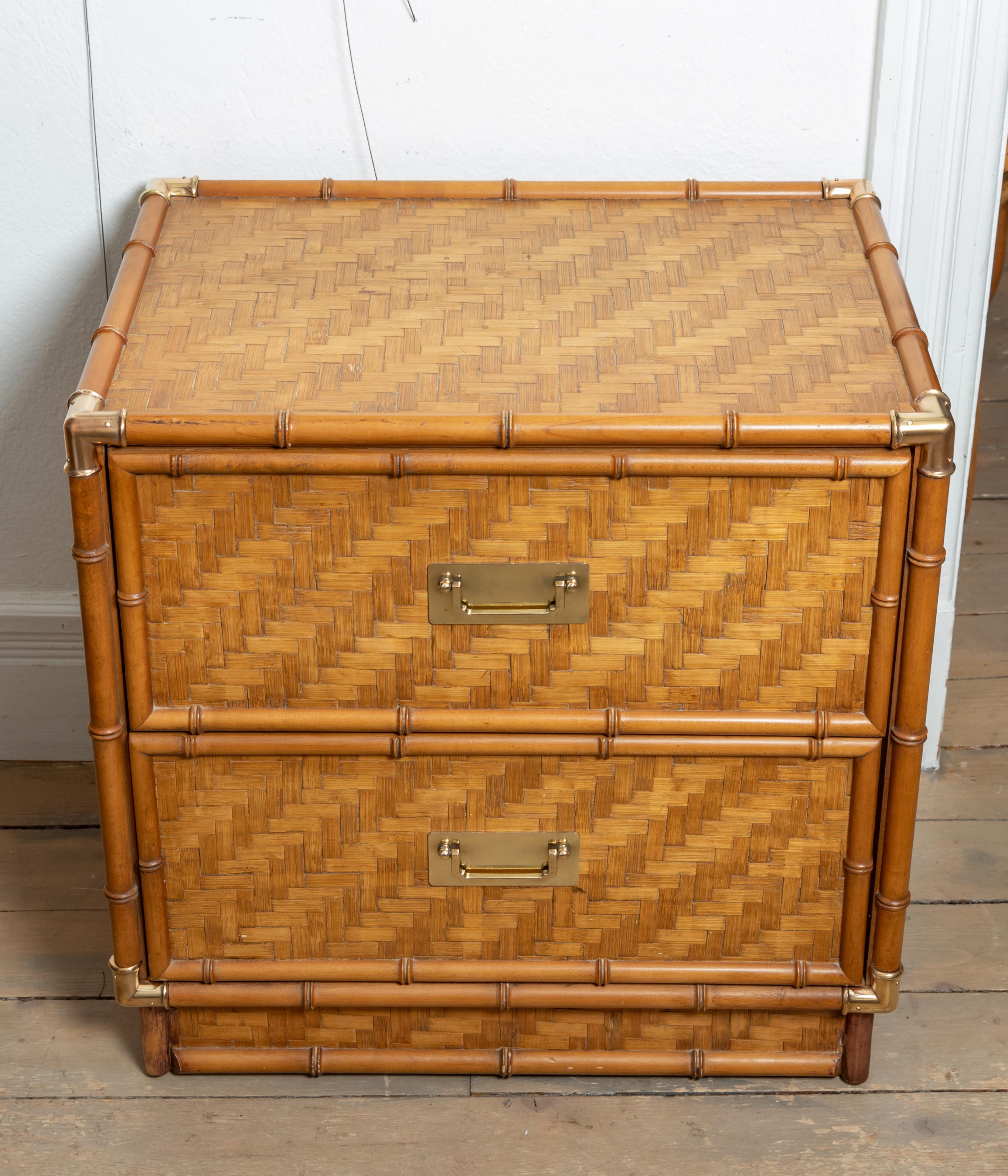 Mid-Century Modern Pair of Faux Bamboo, Woven Rattan Two-Drawer Nightstands with Brass Details