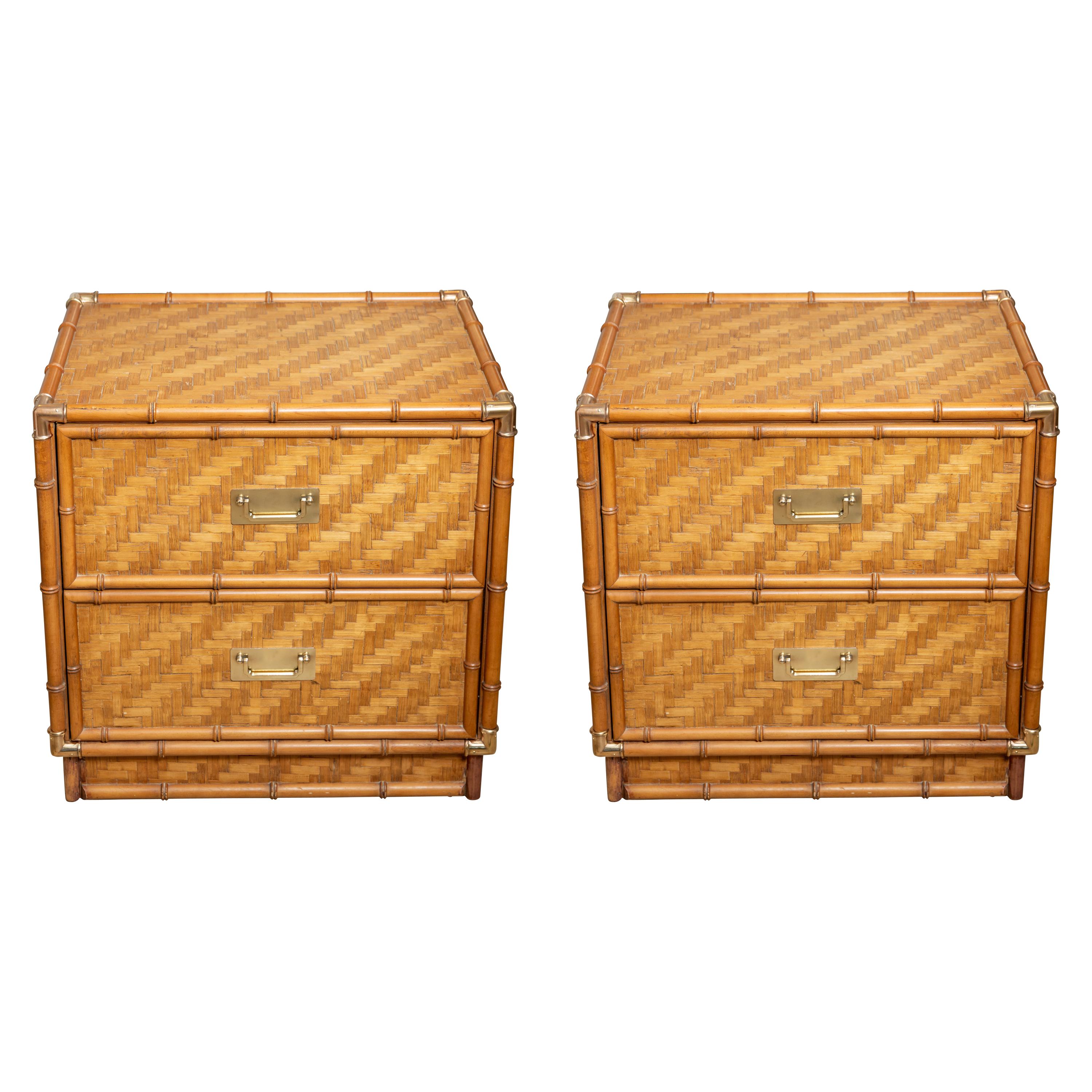 Pair of Faux Bamboo, Woven Rattan Two-Drawer Nightstands with Brass Details