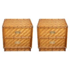 Pair of Faux Bamboo, Woven Rattan Two-Drawer Nightstands with Brass Details