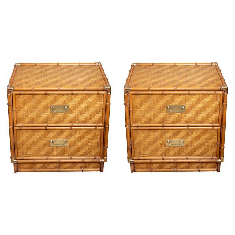 Pair of Faux Bamboo, Woven Rattan TwoDrawer Nightstands with Brass