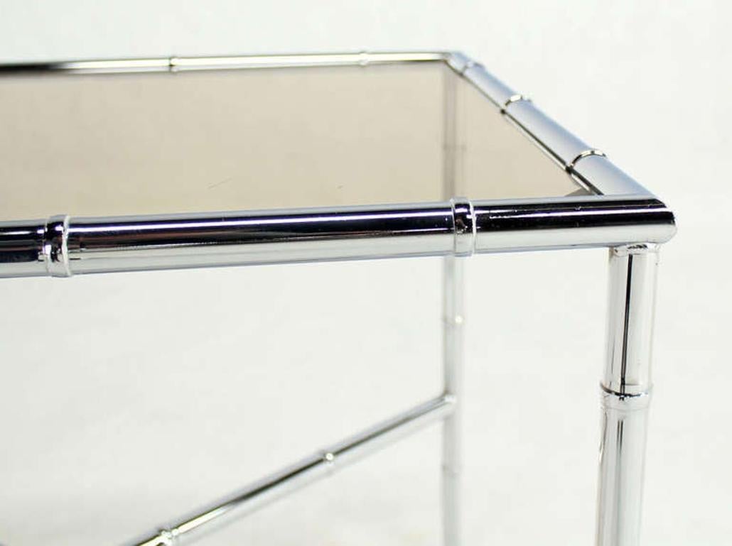 Mid-Century Modern Pair of Faux Bamboo X Shape Bases  Chrome and Smoked Glass End Tables MINT! For Sale