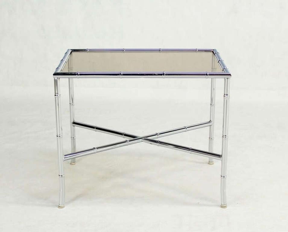 Pair of Faux Bamboo X Shape Bases  Chrome and Smoked Glass End Tables MINT! In Good Condition For Sale In Rockaway, NJ