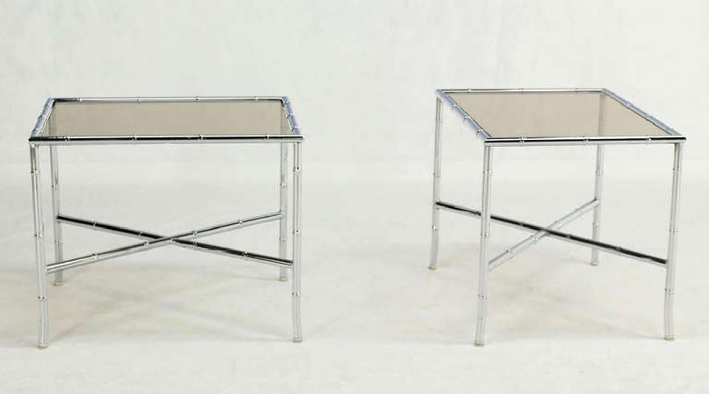 20th Century Pair of Faux Bamboo X Shape Bases  Chrome and Smoked Glass End Tables MINT! For Sale