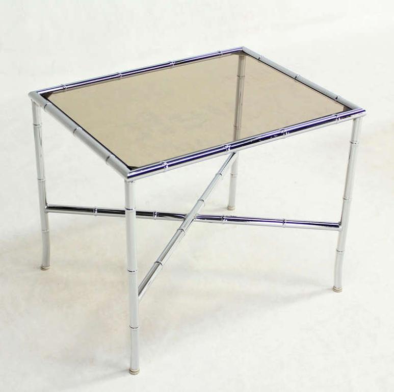 Pair of Faux Bamboo X Shape Bases  Chrome and Smoked Glass End Tables MINT! For Sale 1