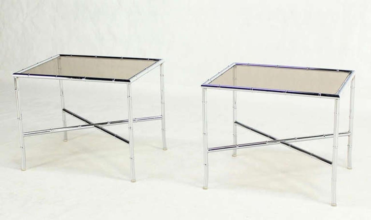 Pair of Faux Bamboo X Shape Bases  Chrome and Smoked Glass End Tables MINT! For Sale 2