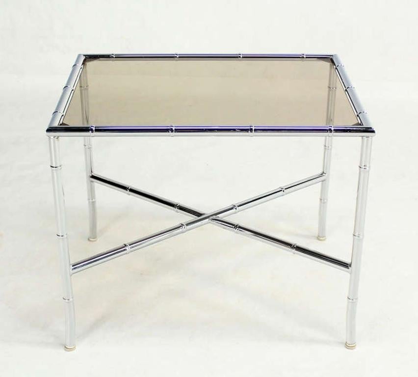 Pair of Faux Bamboo X Shape Bases  Chrome and Smoked Glass End Tables MINT! For Sale 3