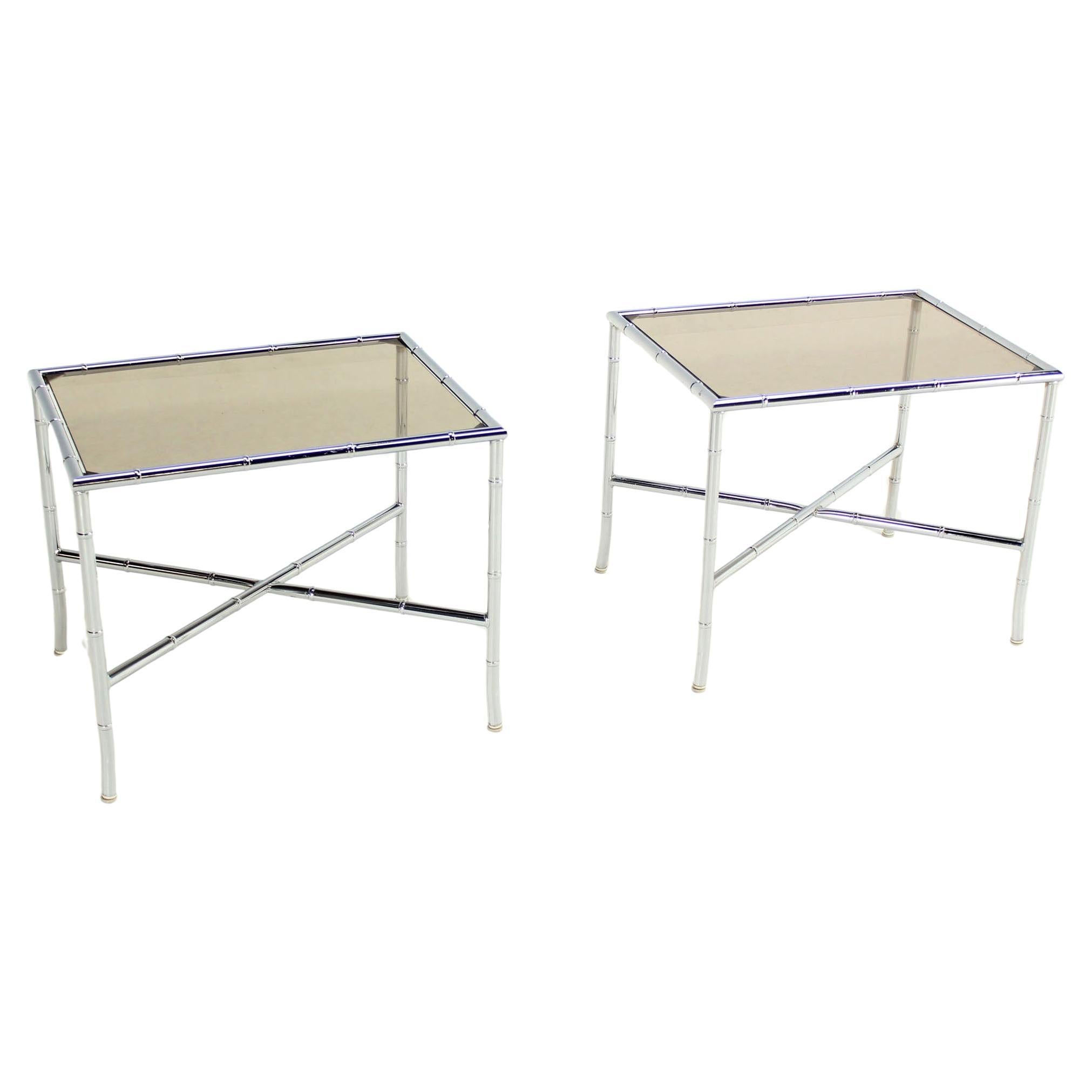 Pair of Faux Bamboo X Shape Bases  Chrome and Smoked Glass End Tables MINT! For Sale