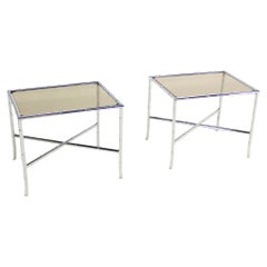 Pair of Faux Bamboo X Shape Bases  Chrome and Smoked Glass End Tables MINT!