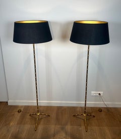 Pair of Mid-Century French Faux-Bambou Bronze and Brass Floor Lamp