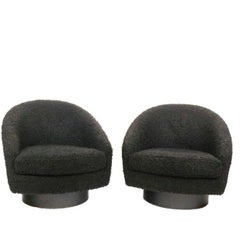 Pair of Faux Black Sheep Swiveling Barrel Chairs After Milo Baughman