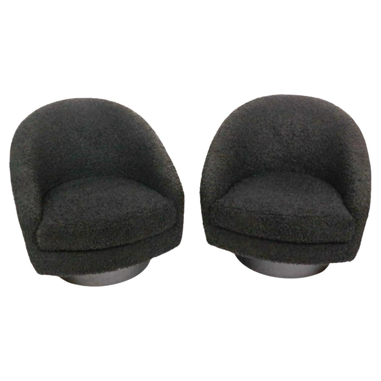 Pair of Faux Black Sheep Swiveling Barrel Chairs After Milo Baughman