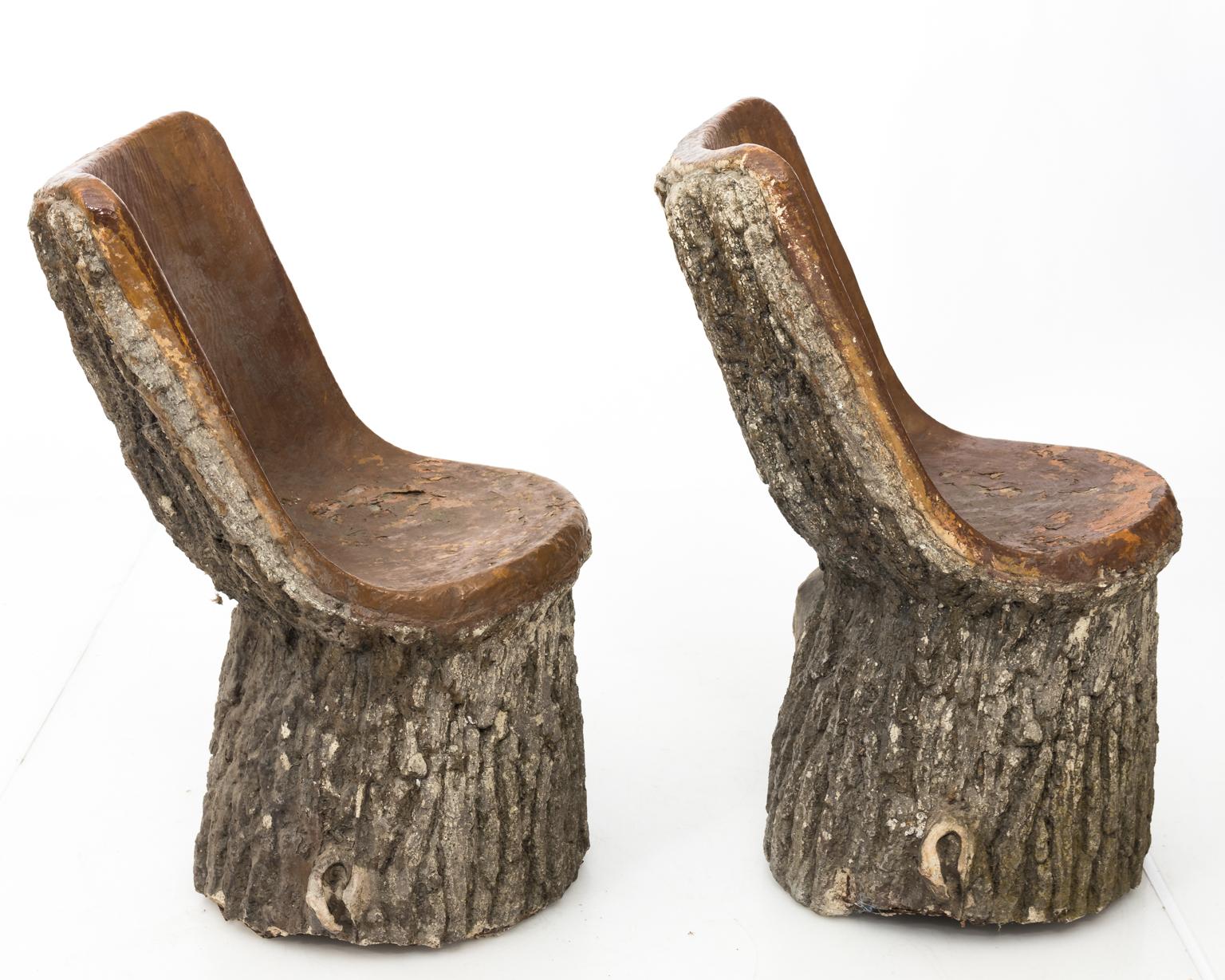 Pair of faux bois garden chairs with minor wear on the seat, circa 20th century.