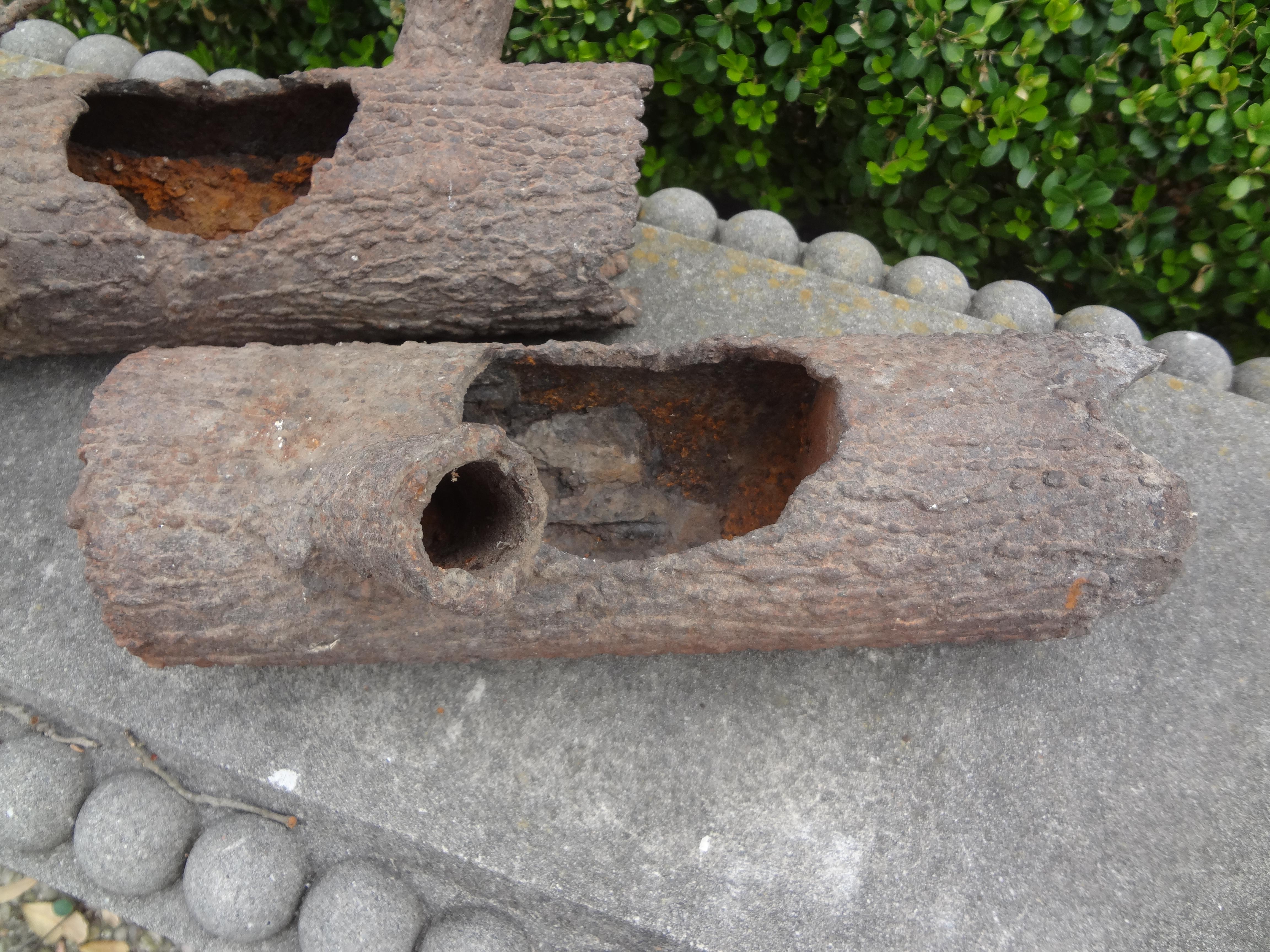 Folk Art Pair of Faux Bois Iron Log Sculptures For Sale