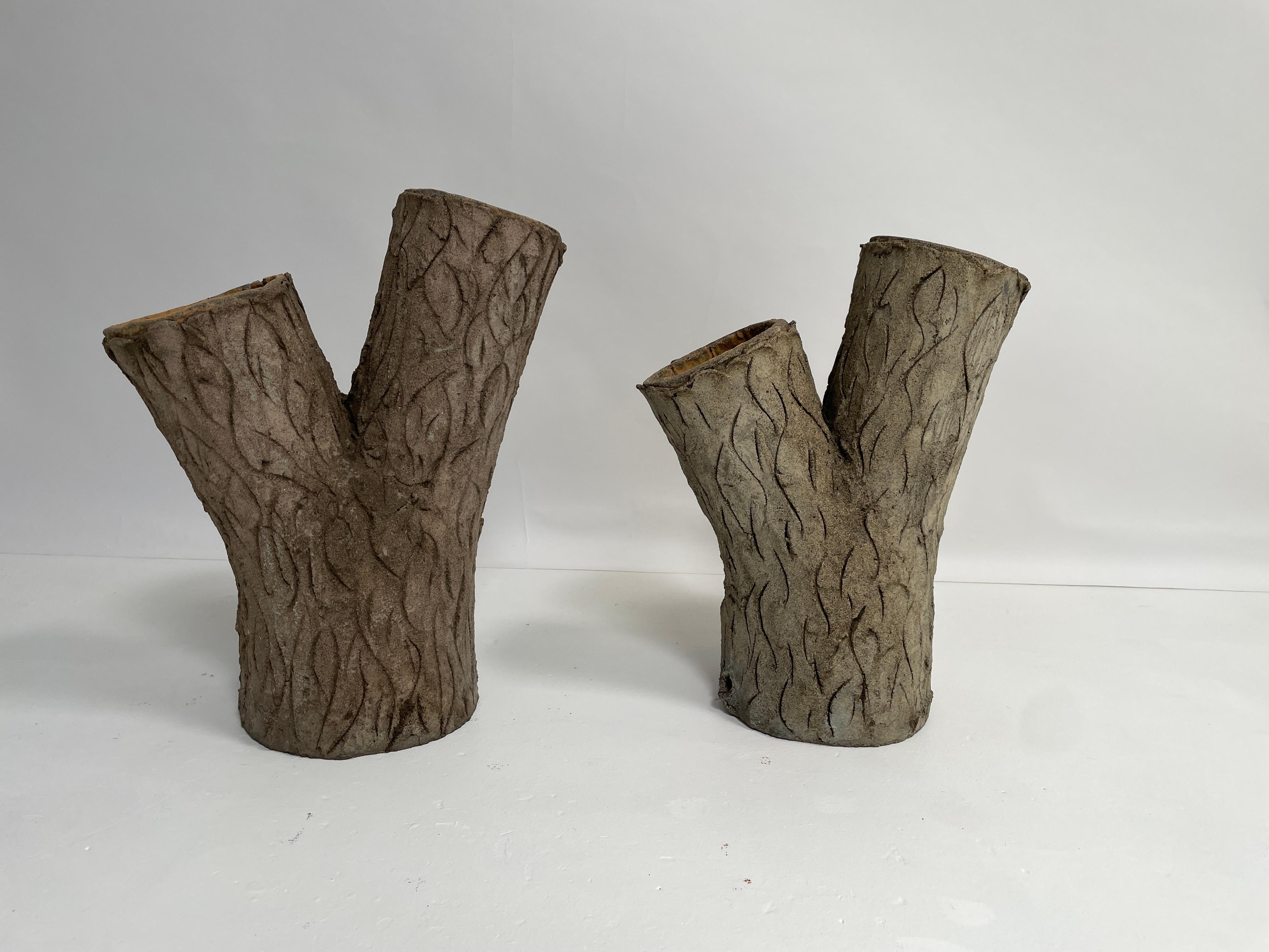 Cement Pair of Faux Bois Planters For Sale