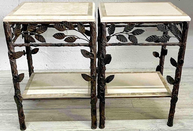 Pair of Faux Bois Tessellated Stone and Wrought Iron Nightstands/End