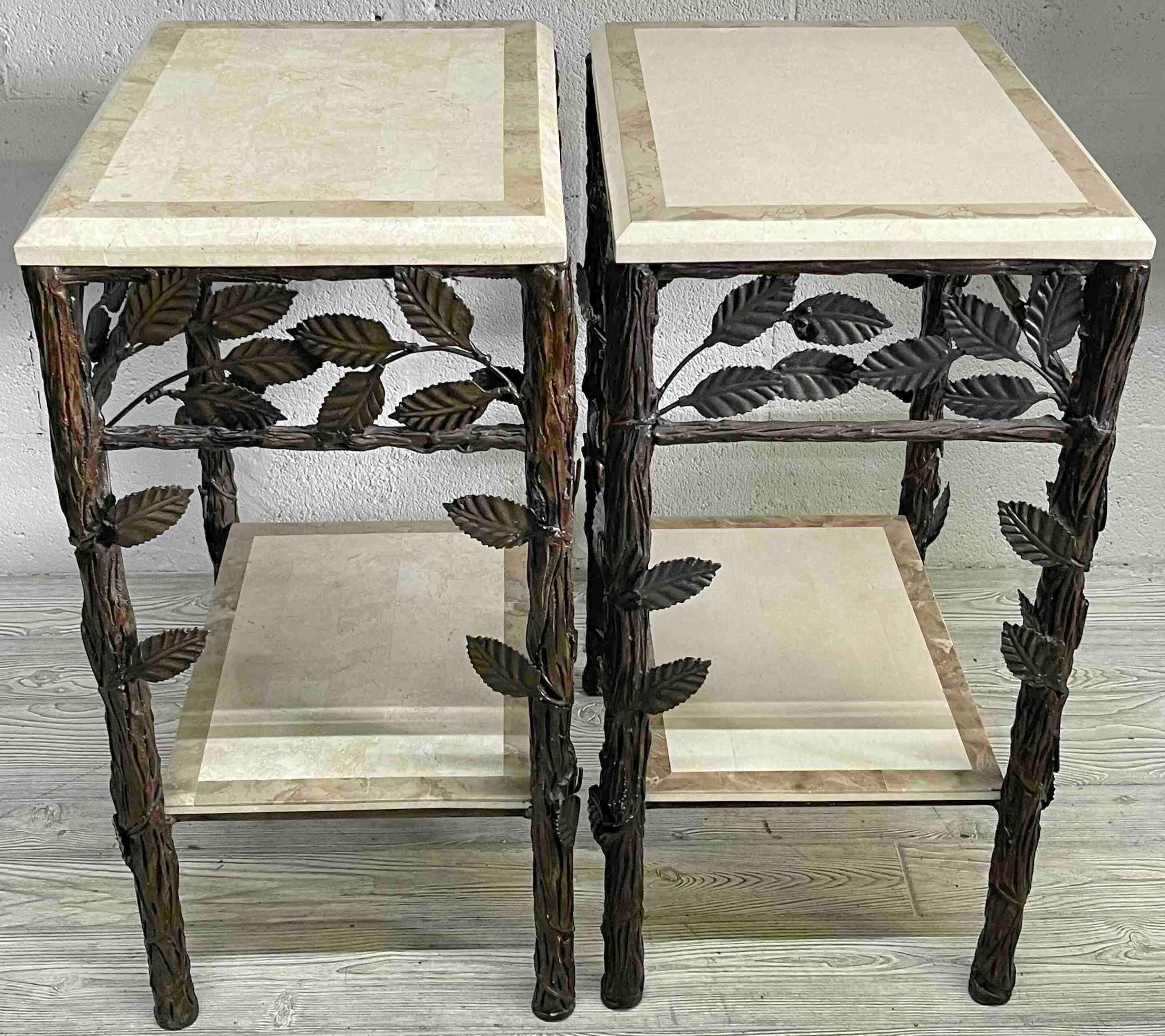 Pair of Faux Bois Tessellated Stone and Wrought Iron Nightstands/End