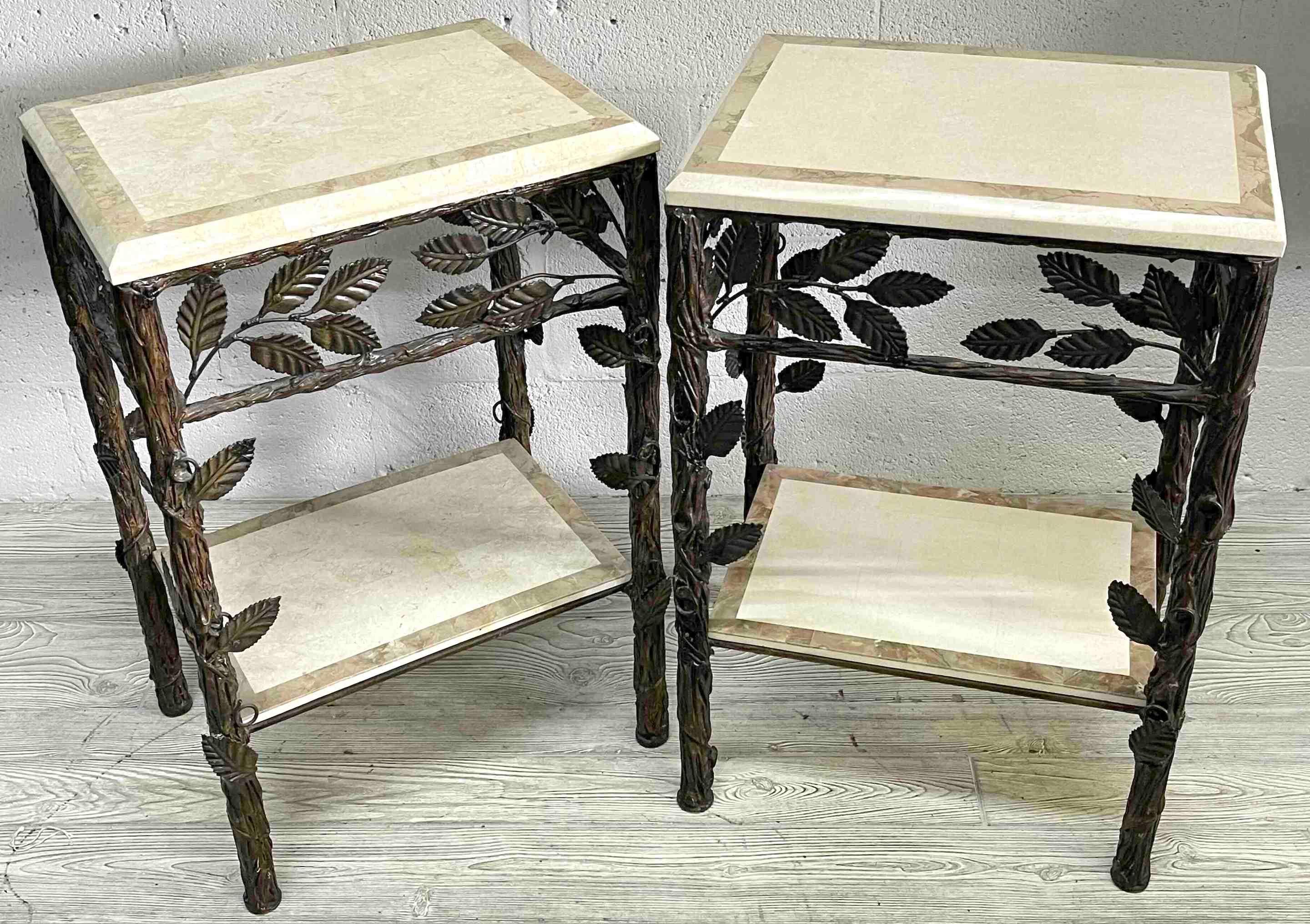 Pair of Faux Bois Tessellated Stone and Wrought Iron Nightstands/End