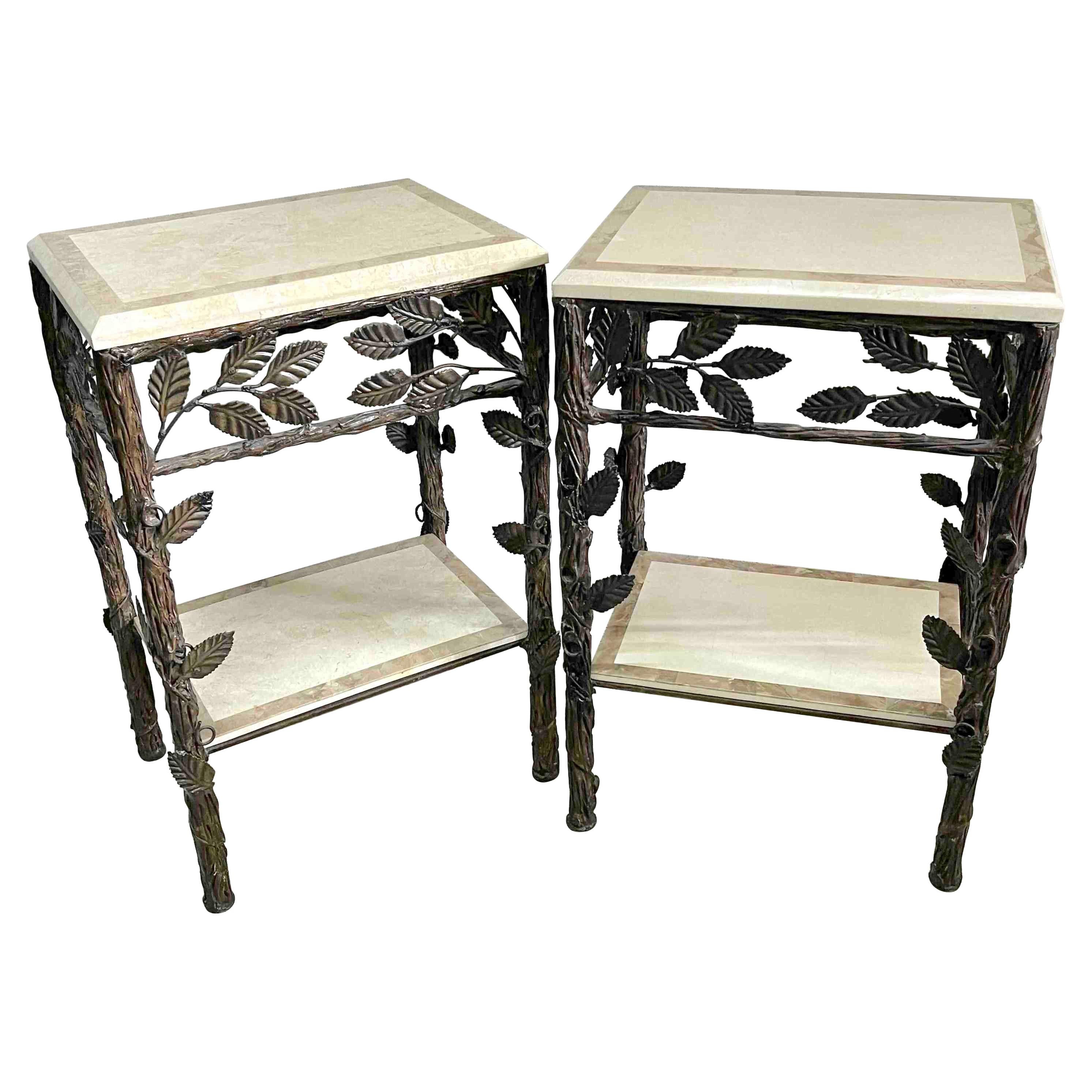 Pair of Faux Bois Tessellated Stone and Wrought Iron Nightstands/End