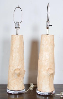 Pair of  "Faux Bois" 'Tree' Plaster Table Lamps with Black Shades w. Gold Lining