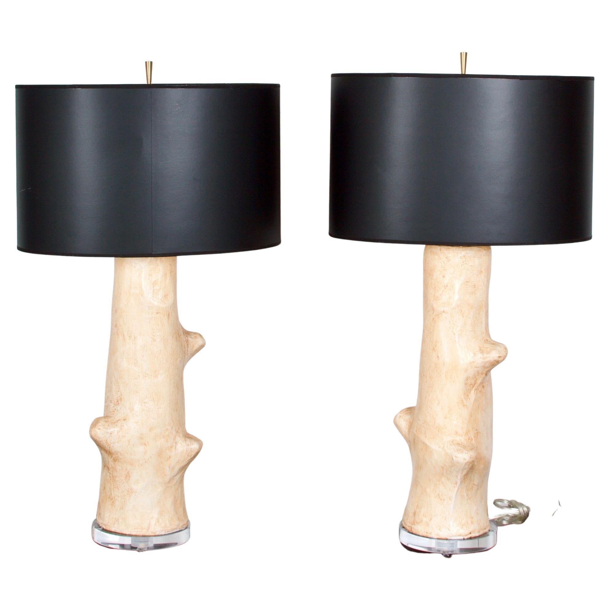 Pair of  "Faux Bois" 'Tree' Plaster Table Lamps with Black Shades w. Gold Lining
