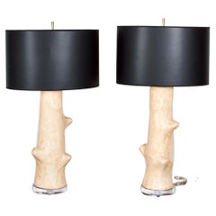Pair of  "Faux Bois" 'Tree' Plaster Table Lamps with Black Shades w. Gold Lining