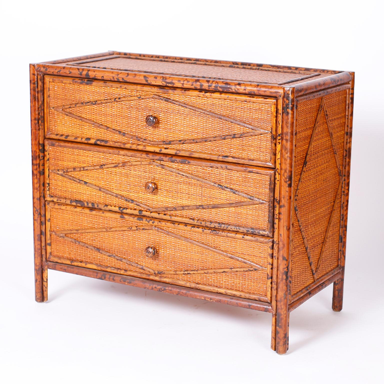 British Colonial Pair of Faux Burnt Bamboo and Grasscloth Chests or Nightstands