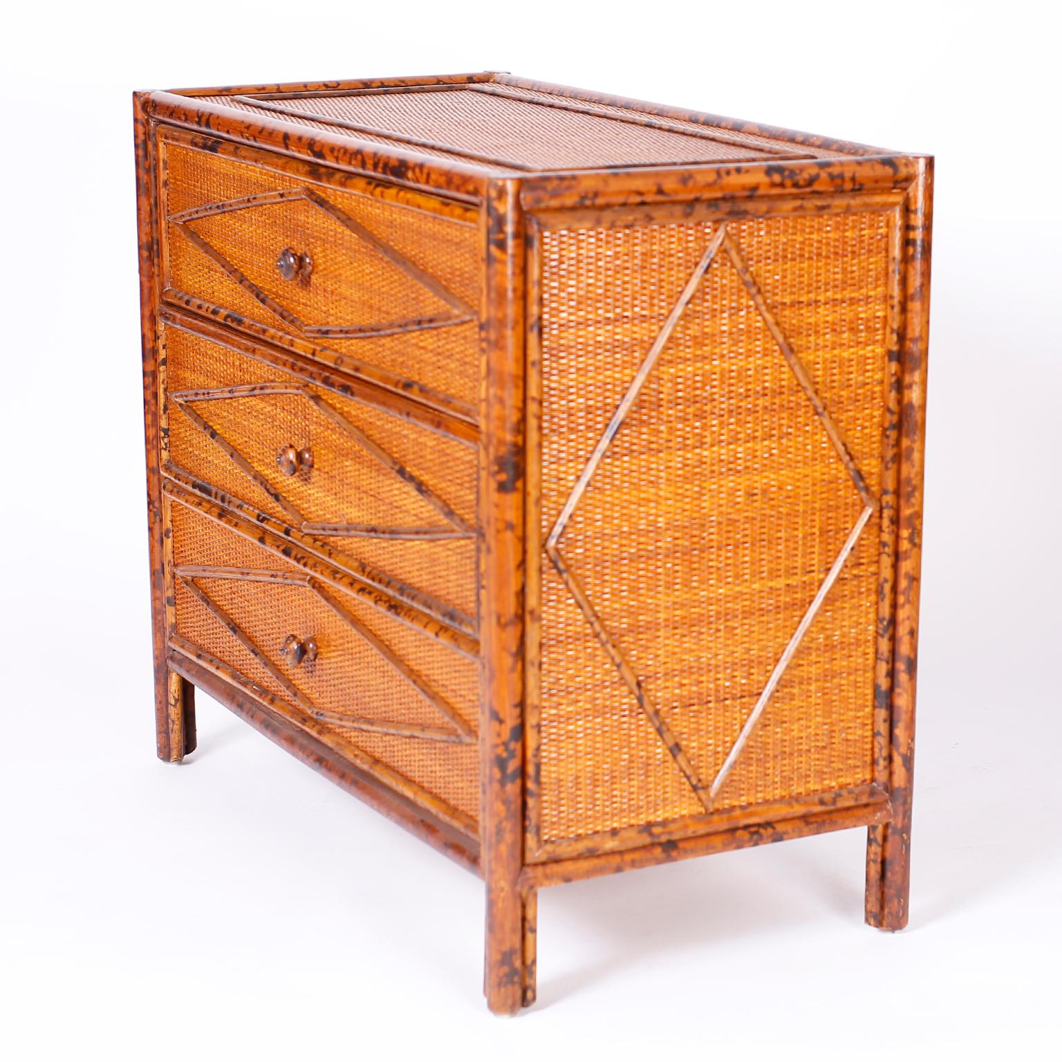 Philippine Pair of Faux Burnt Bamboo and Grasscloth Chests or Nightstands