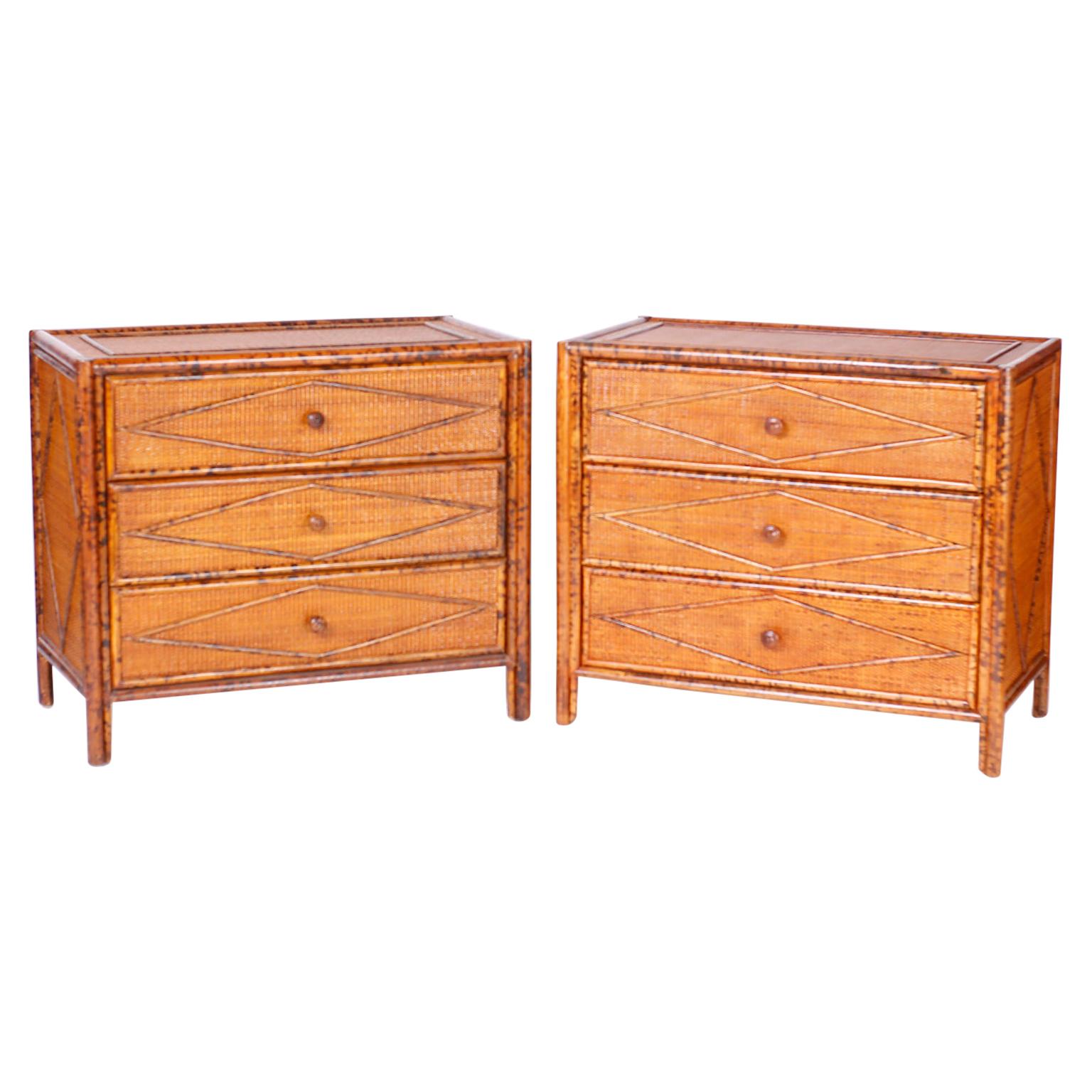 Pair of Faux Burnt Bamboo and Grasscloth Chests or Nightstands