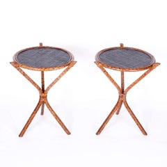 Pair of Faux Burnt Bamboo and Grasscloth Stands or Side Tables