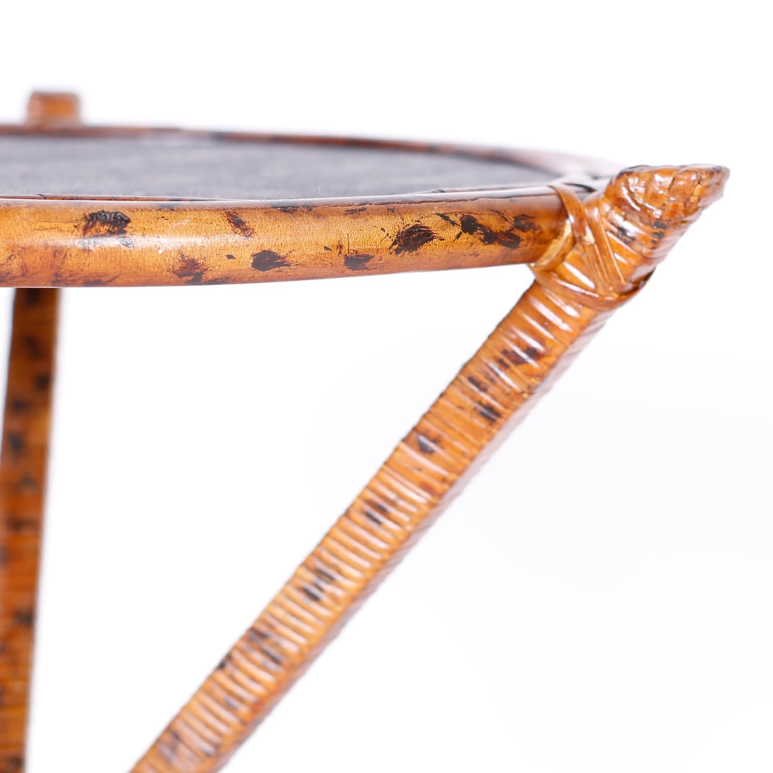 20th Century Pair of Faux Burnt Bamboo and Grasscloth Stands or Side Tables