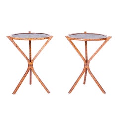 Vintage Pair of Faux Burnt Bamboo and Grasscloth Stands or Side Tables