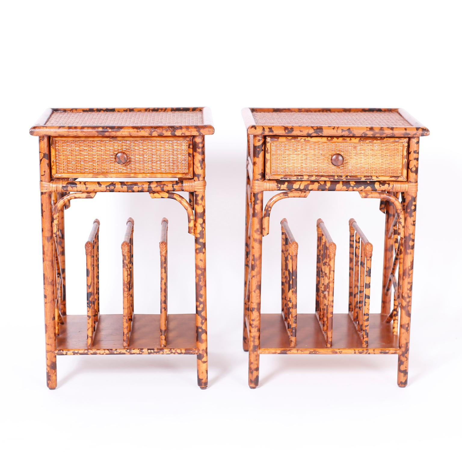 British Colonial Pair of Faux Burnt Bamboo Stands or Tables For Sale