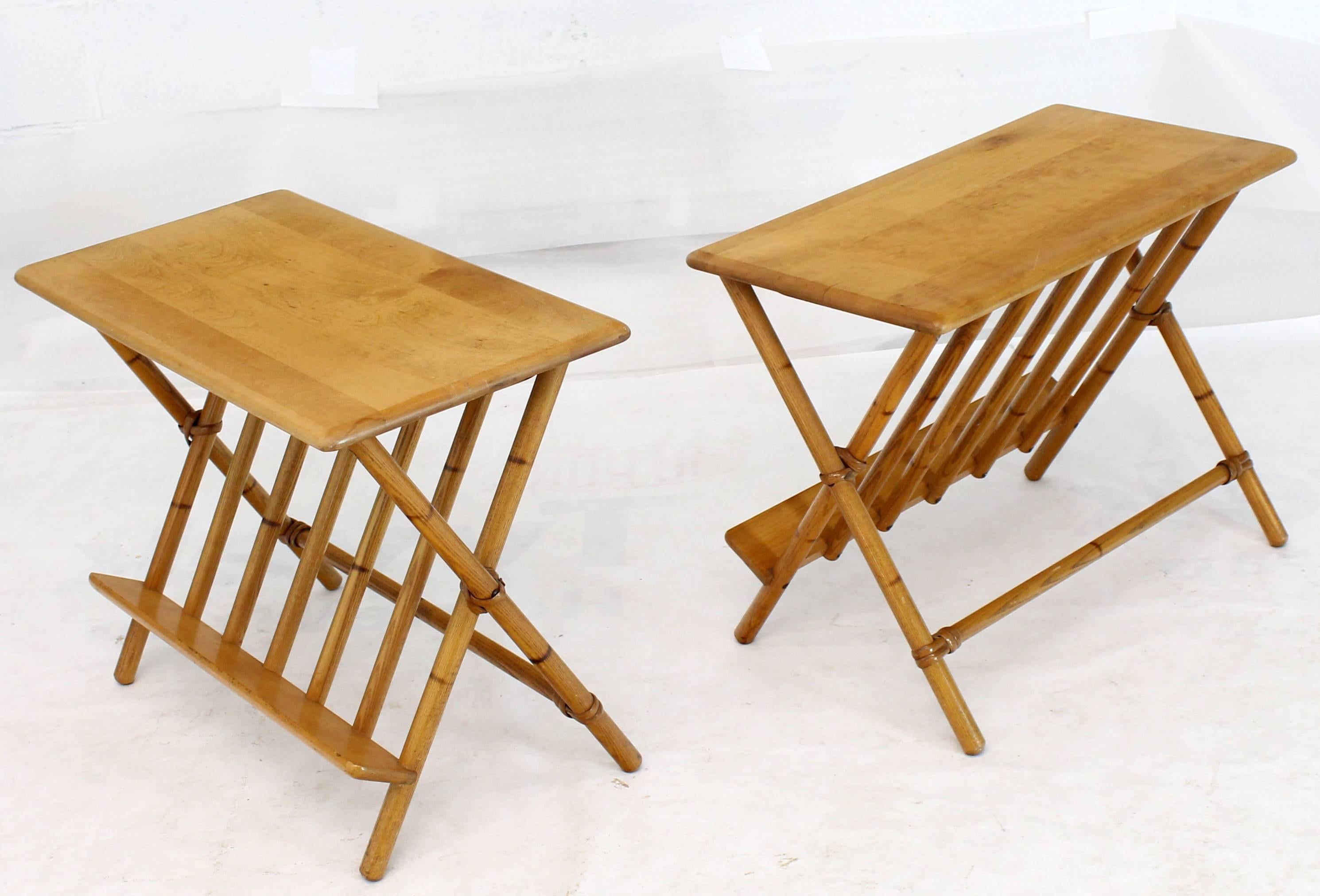 Mid-Century Modern Pair of Faux Burnt Bamboo X-Base Rectangular Side End Tables with Magazine Rack