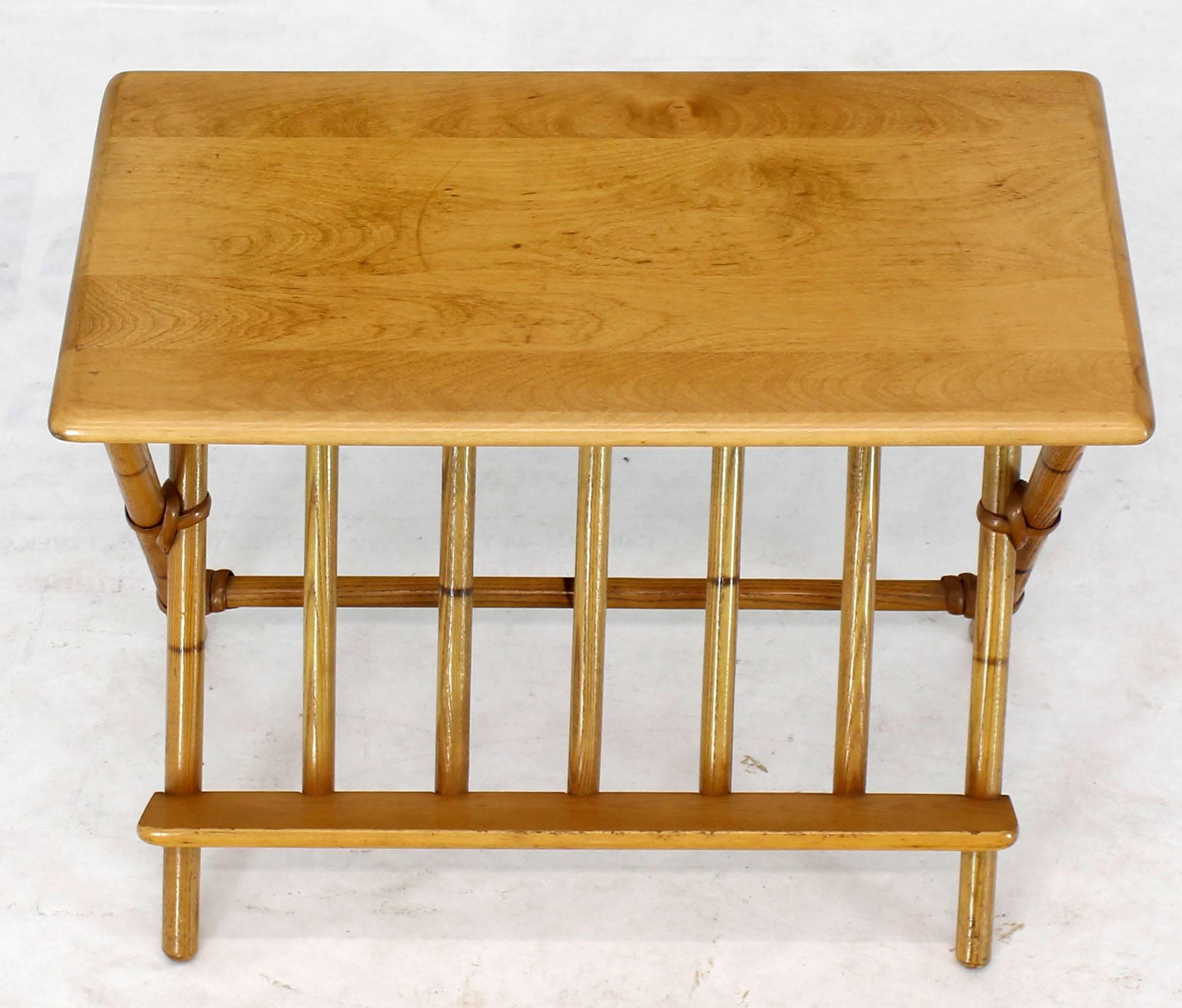 20th Century Pair of Faux Burnt Bamboo X-Base Rectangular Side End Tables with Magazine Rack