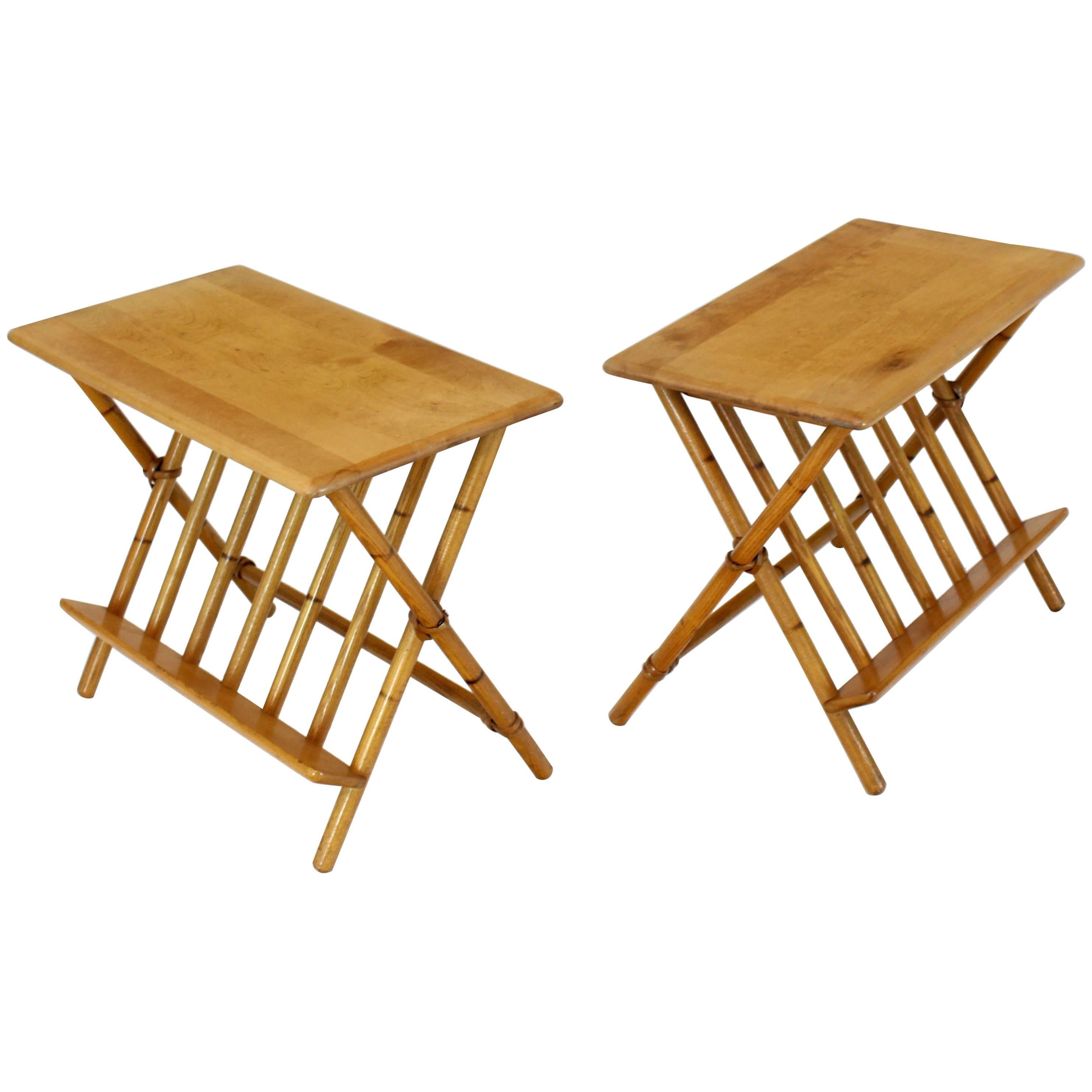 Pair of Faux Burnt Bamboo X-Base Rectangular Side End Tables with Magazine Rack