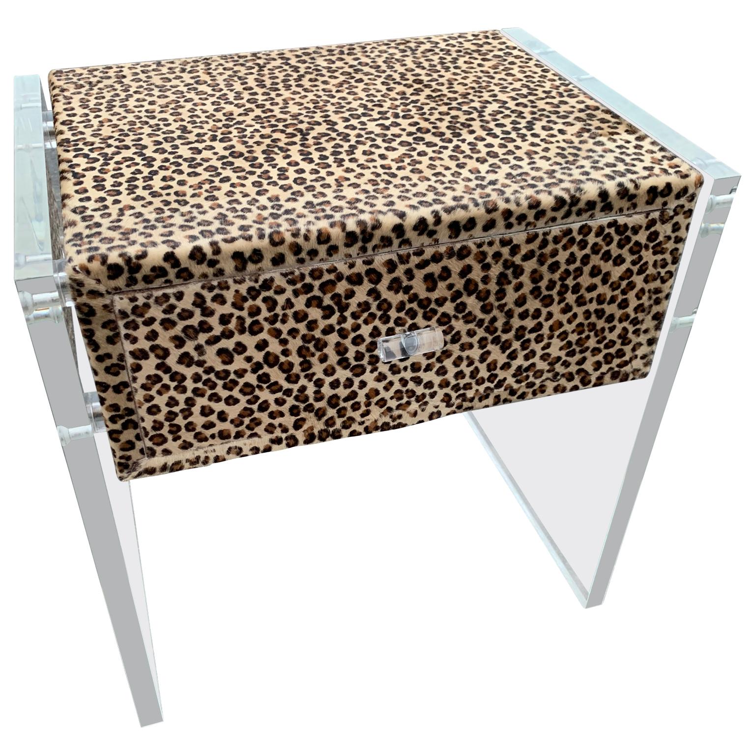 Pair of Faux Cheetah Skin Upholstered Nightstands with Lucite Side Panels 2