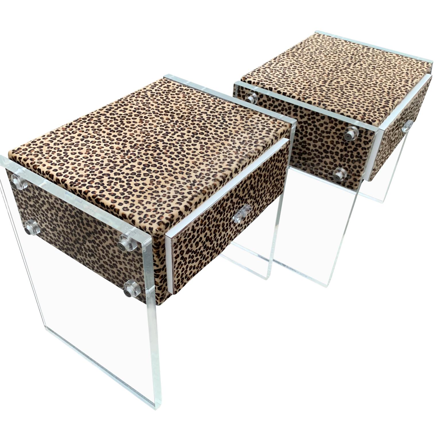 Pair of Faux Cheetah Skin Upholstered Nightstands with Lucite Side Panels 4