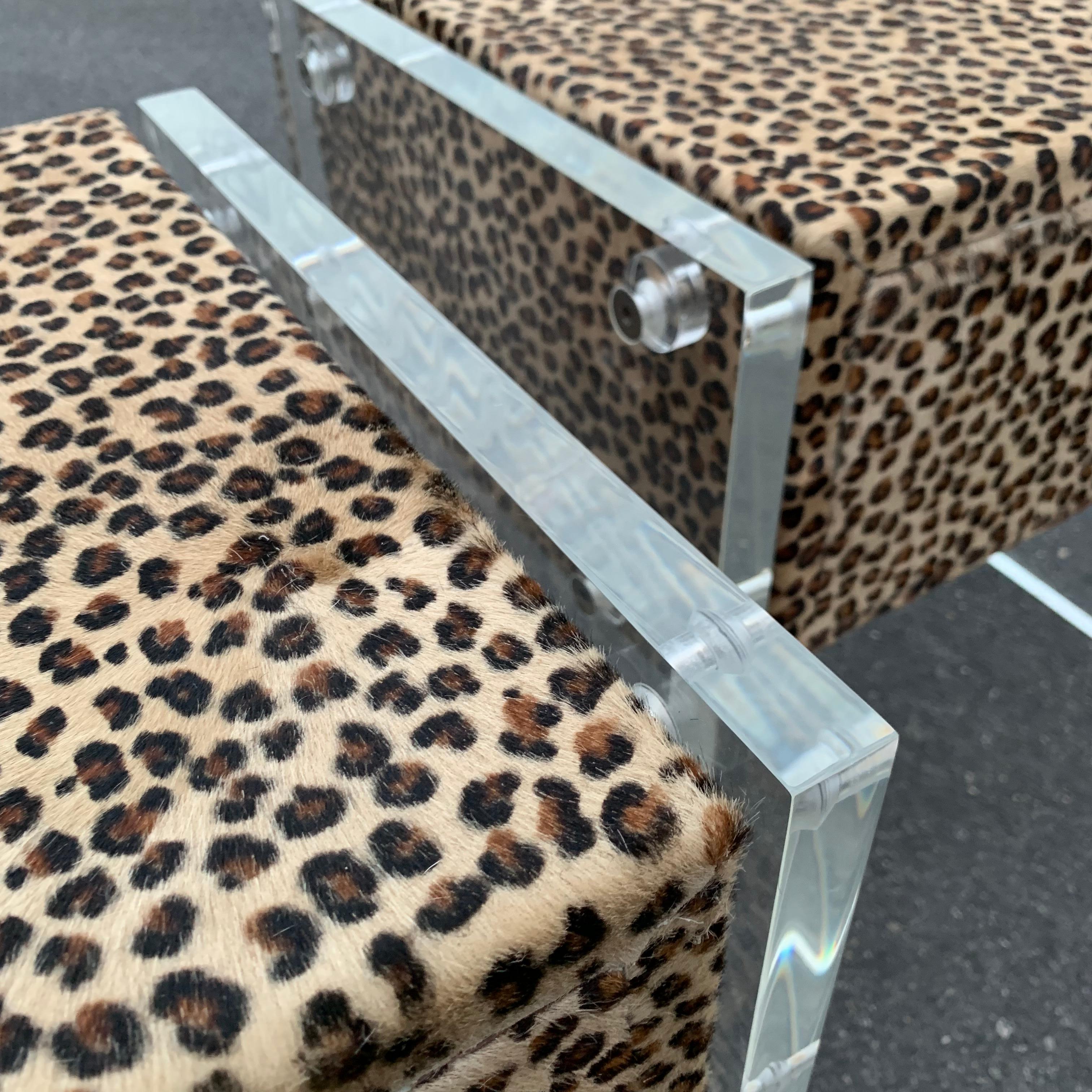 Pair of Faux Cheetah Skin Upholstered Nightstands with Lucite Side Panels 6