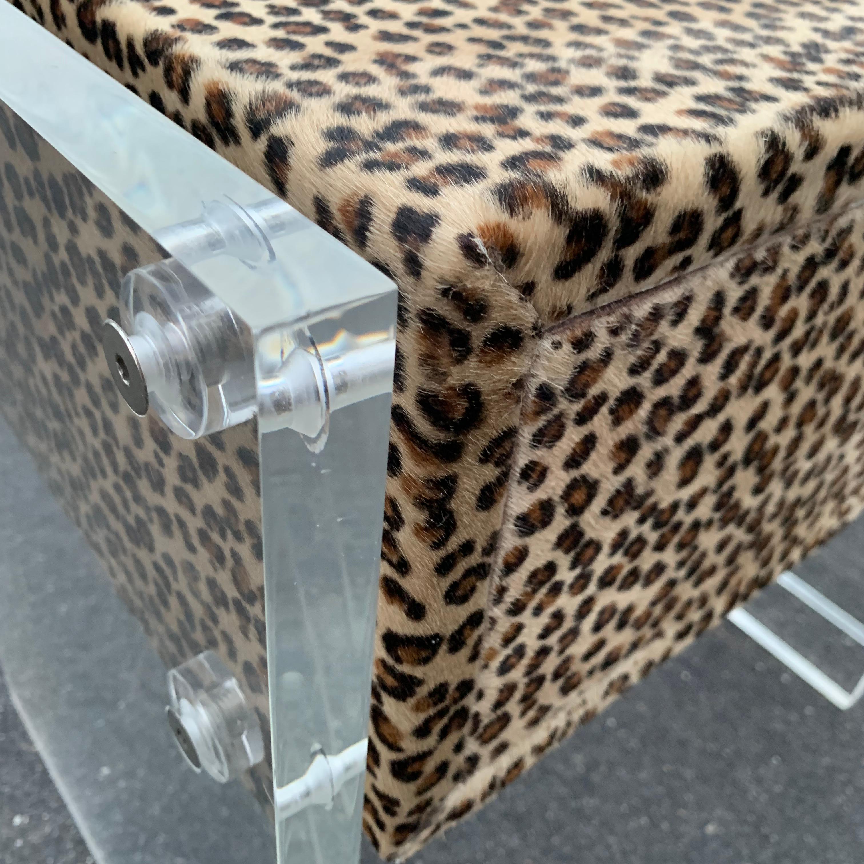 Pair of Faux Cheetah Skin Upholstered Nightstands with Lucite Side Panels 10