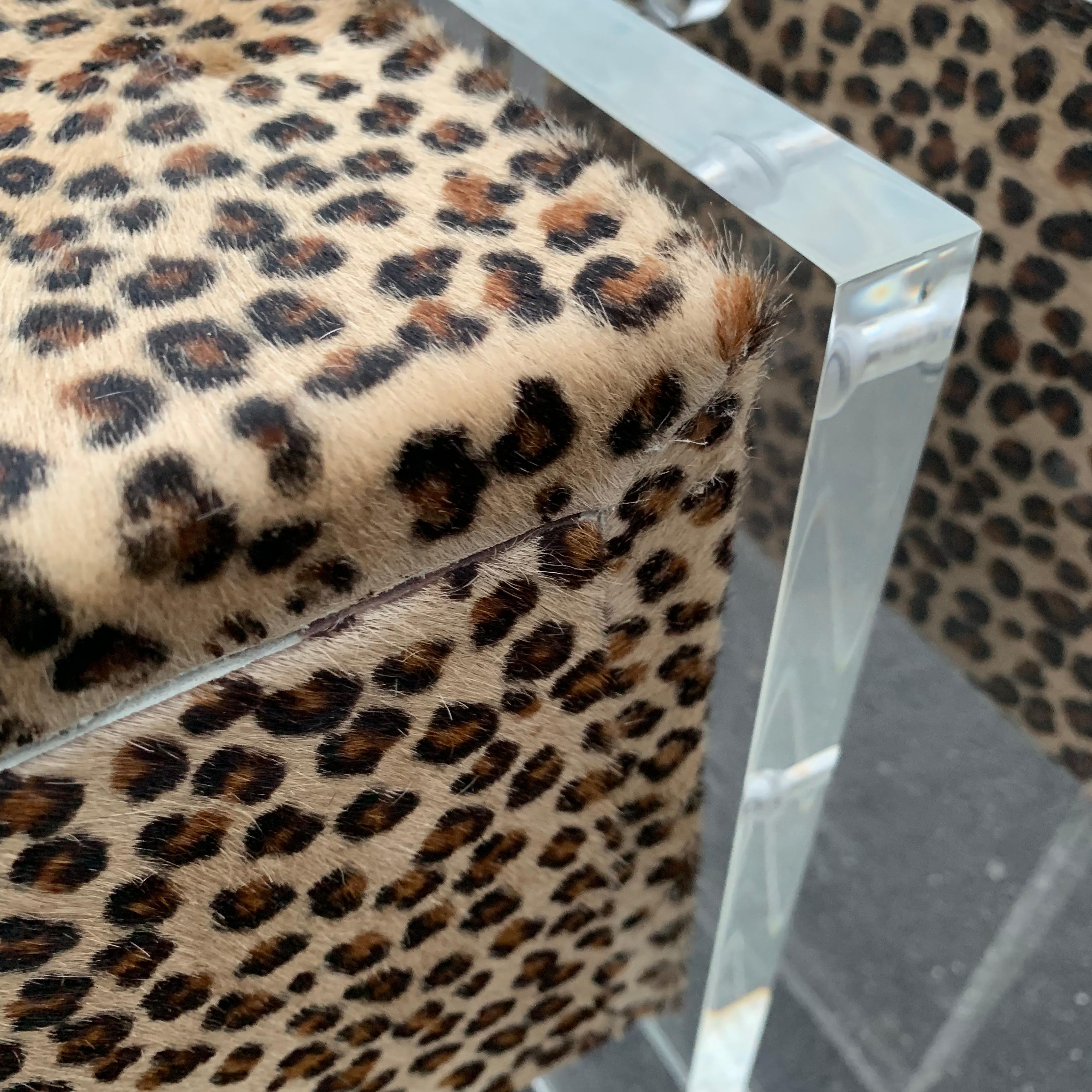 Pair of Faux Cheetah Skin Upholstered Nightstands with Lucite Side Panels 11